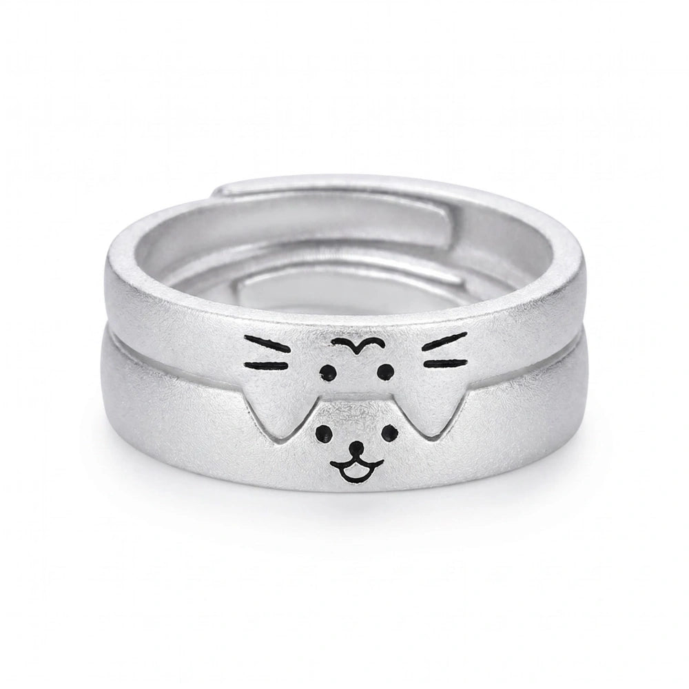 Adjustable Matching Cute Cat And Dog Silver Couple Promise Rings