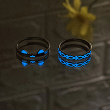 Adjustable Glow In The Dark Cat And Fish Silver Couple Promise Rings
